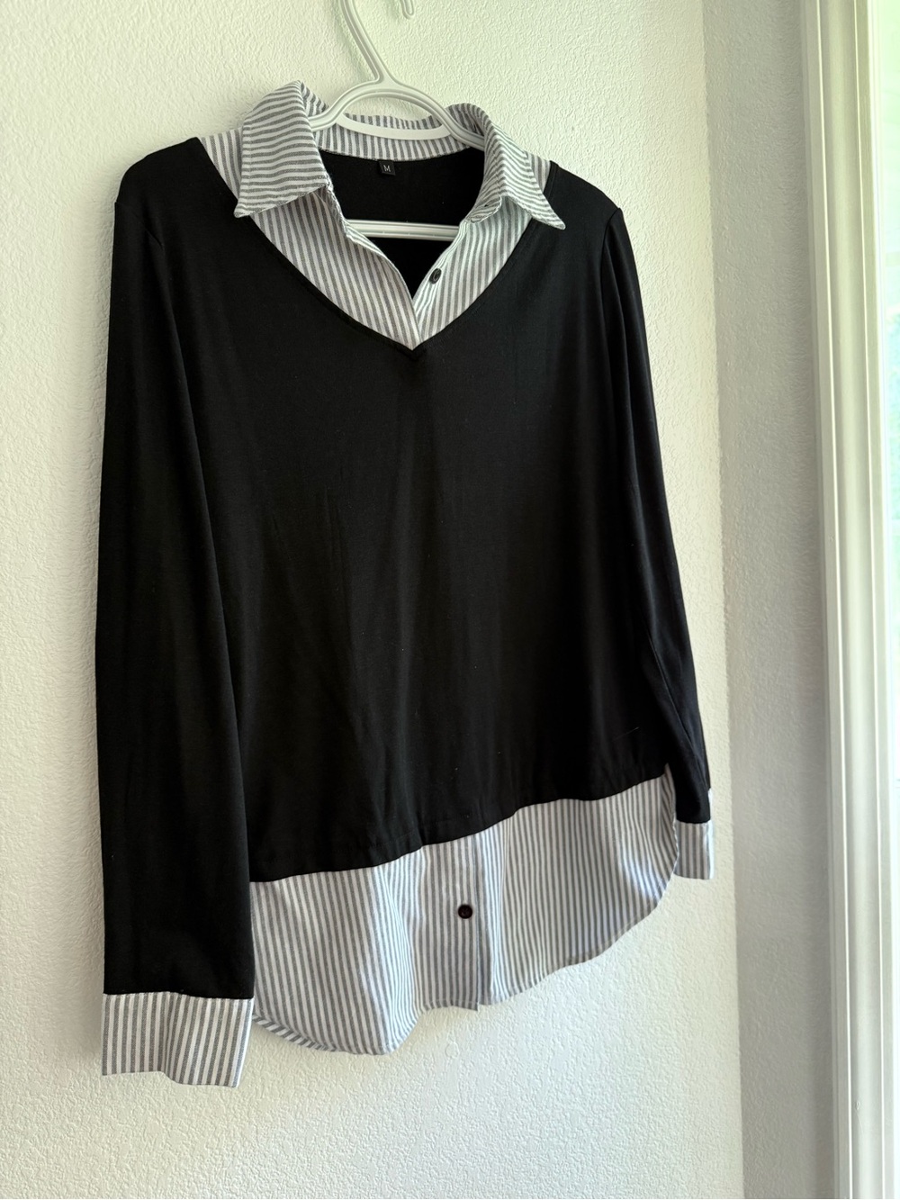 Black Layered-Look Blouse with Striped Collar and Hem